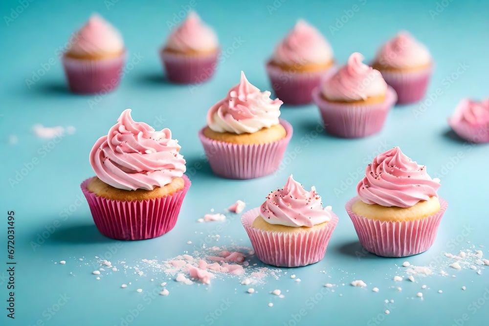 cupcakes with pink icing on blue floor 