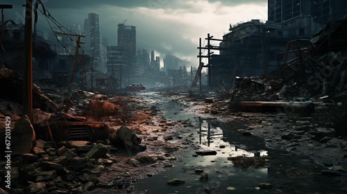 AI generated illustration of a desolated post apocalyptic landscape of a city © Wirestock