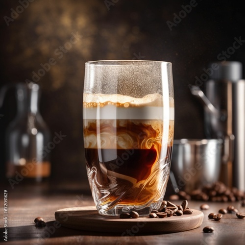 AI generated illustration of a cup filled with freshly brewed coffee on a wooden table