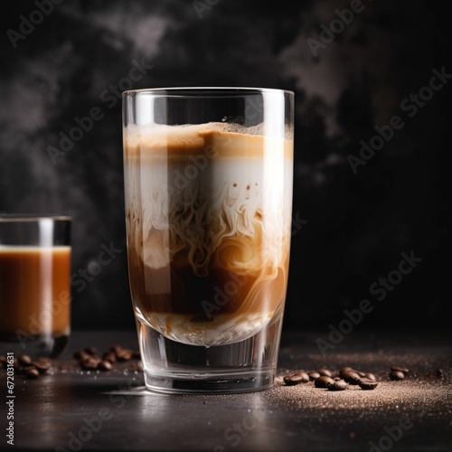 AI generated illustration of a cup filled with freshly brewed coffee on a wooden table