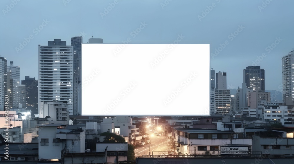 AI generated illustration of An empty white signboard against a cityscape backdrop AI generated illustration of An empty white signboard against a cityscape backdrop
