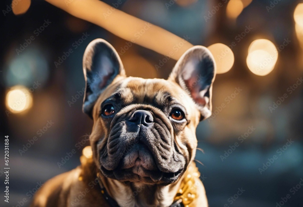 AI generated illustration of a close-up of a brown French Bulldog on the backdrop of bokeh lights AI generated illustration of a close-up of a brown French Bulldog on the backdrop of bokeh lights