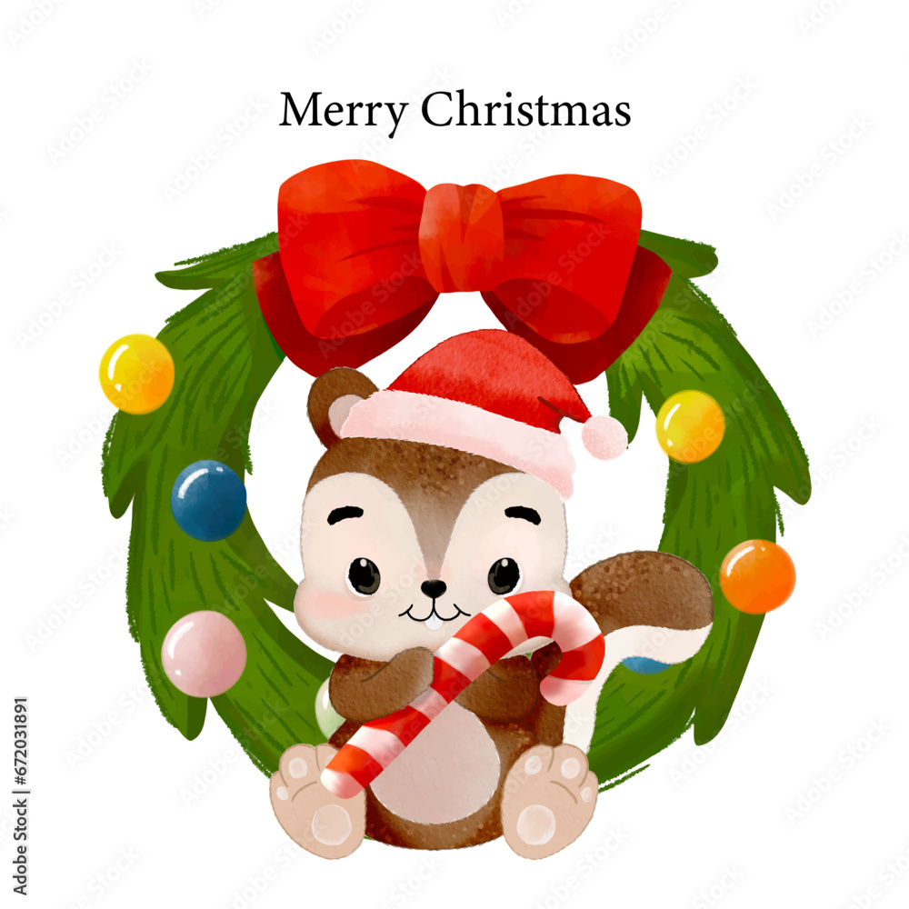 Naklejka premium Merry Christmas with watercolor cute squirrel wearing Santa hat holding candy cane and sitting front of Christmas wreath vector
