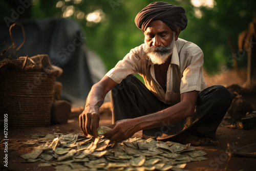 Indian farmer counting money at field