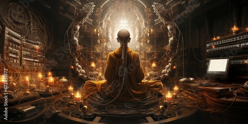 Monk meditating peacefully in a room illuminated by flickering candles, AI-generated.