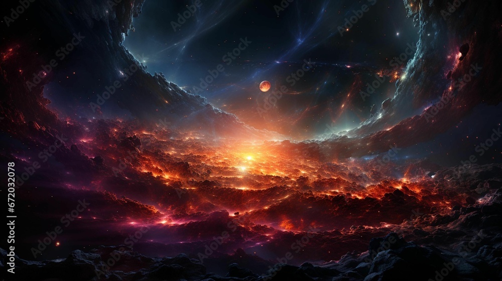 Supernova. Intense white core radiates amidst deep blues and fiery reds. AI-generated digital art.