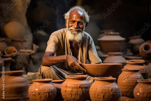 Indian potter making clay pot at home