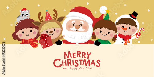 Merry Christmas and happy new year greeting card with Santa Claus, cute kids in snowman, xmas tree, deer and red costume. Holiday cartoon character in winter season. -Vector