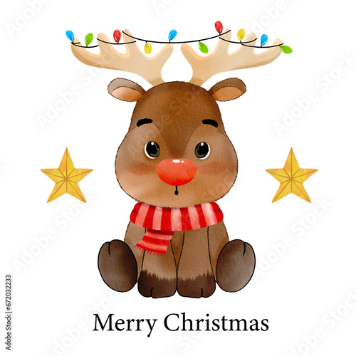 Merry Christmas with watercolor moose or reindeer with lights on antlers decorated for merry holiday vector