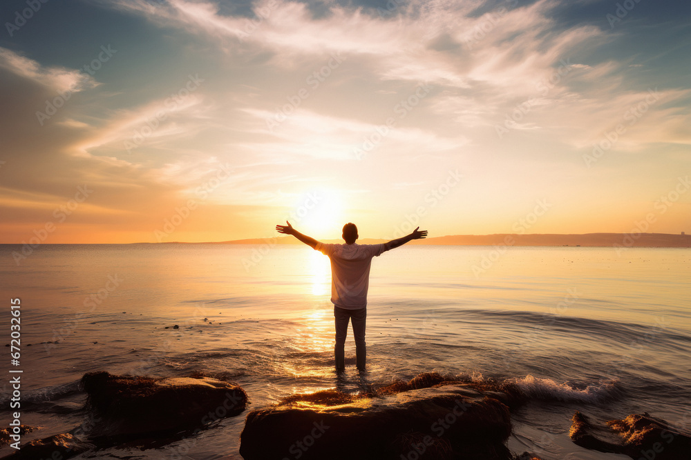 Fototapeta premium Young man standing with arms outstretched on the beach