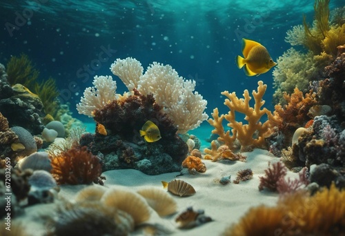 AI generated illustration of an underwater scene of a vibrant tropical coral reef and fish