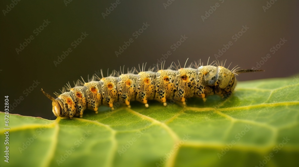 AI generated illustration of a vibrant green caterpillar perched atop a lush leaf AI generated illustration of a vibrant green caterpillar perched atop a lush leaf