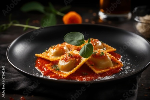 AI-generated illustration of a plate with homemade ravioli topped with a delicious red tomato sauce.