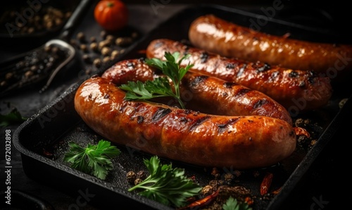AI-generated illustration of freshly grilled sausages with parsley.