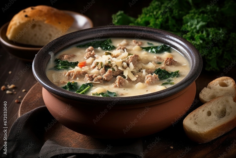 AI generated illustration of a freshly cooked bowl of Zuppa Toscana soup served with crusty bread