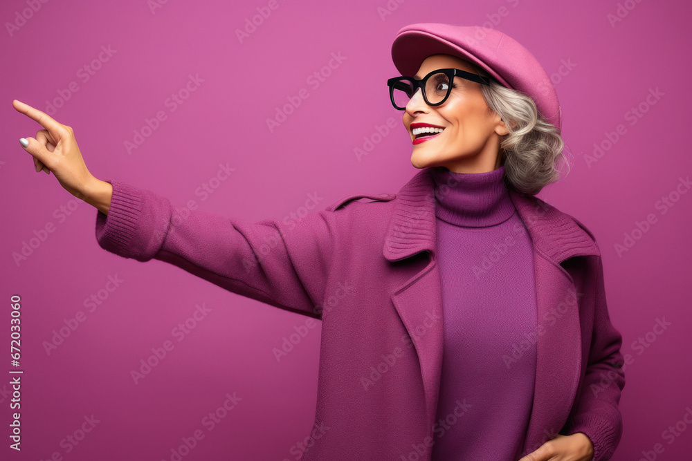 Young woman wearing eyeglasses and hat, showing finger opposite side Young woman wearing eyeglasses and hat, showing finger opposite side