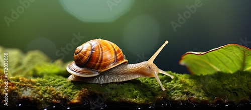 A green leaf serves as the path for the slow movement of a snail