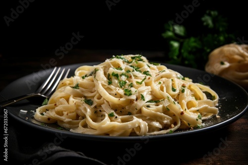 AI-generated illustration of freshly cooked fettuccine sprinkled with herbs.