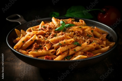 AI-generated illustration of delicious penne pasta in a frying pan.