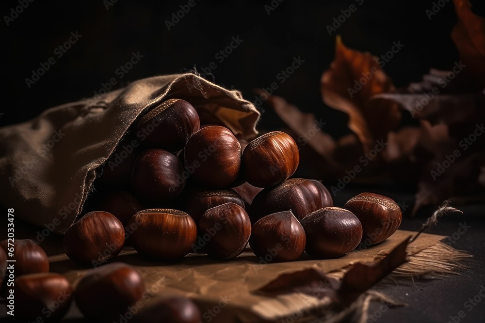 AI generated illustration of nuts in a cloth bag on a dark background AI generated illustration of nuts in a cloth bag on a dark background