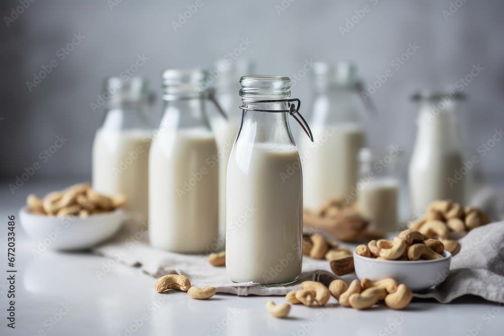 AI generated illustration of a table with bottles of milk and nuts AI generated illustration of a table with bottles of milk and nuts
