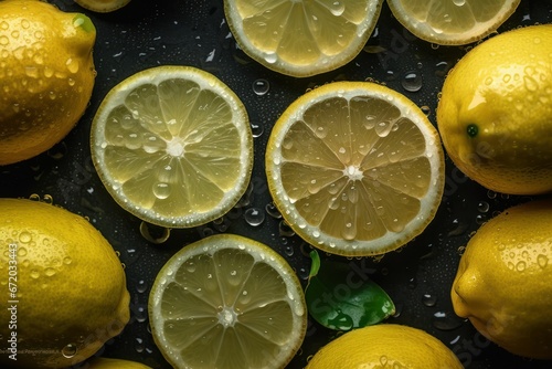 AI generated illustration of freshly-picked lemons covered in droplets on a black background
