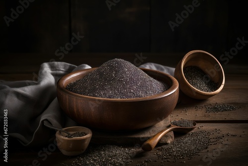 AI generated illustration of freshly-ground black peppercorns on a rustic wooden table