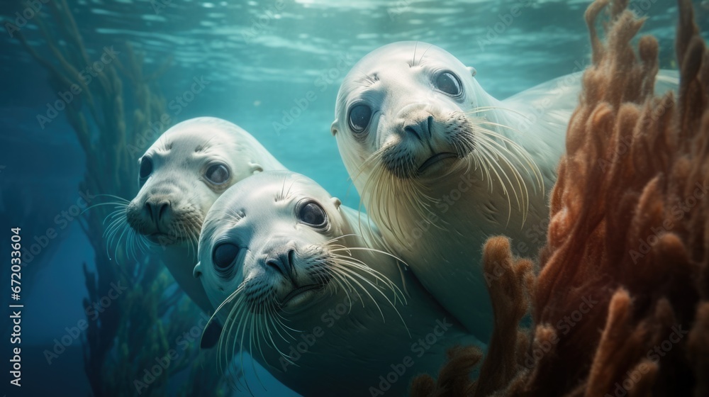Three curious seals underwater near brown seaweed, looking straight. Marine life exploration. - obrazy, fototapety, plakaty 