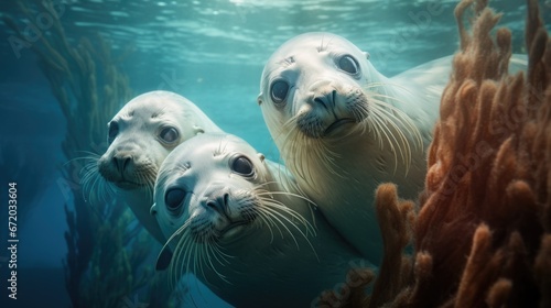 Three curious seals underwater near brown seaweed, looking straight. Marine life exploration. © Postproduction