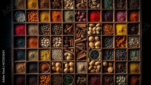 an assortment of spices in a wooden box on black background