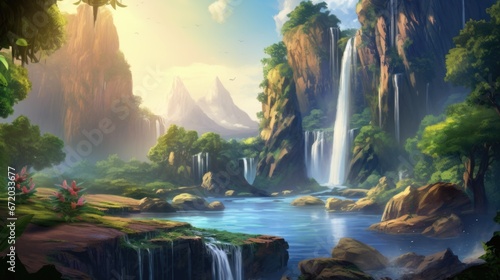 Waterfalls descend into azure pools amid vibrant tropical flora. Fantasy landscapes.