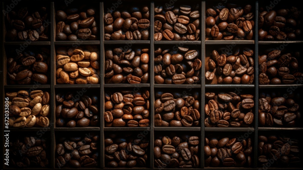AI generated illustration of A rustic wooden shelf stocked with freshly roasted coffee beans AI generated illustration of A rustic wooden shelf stocked with freshly roasted coffee beans