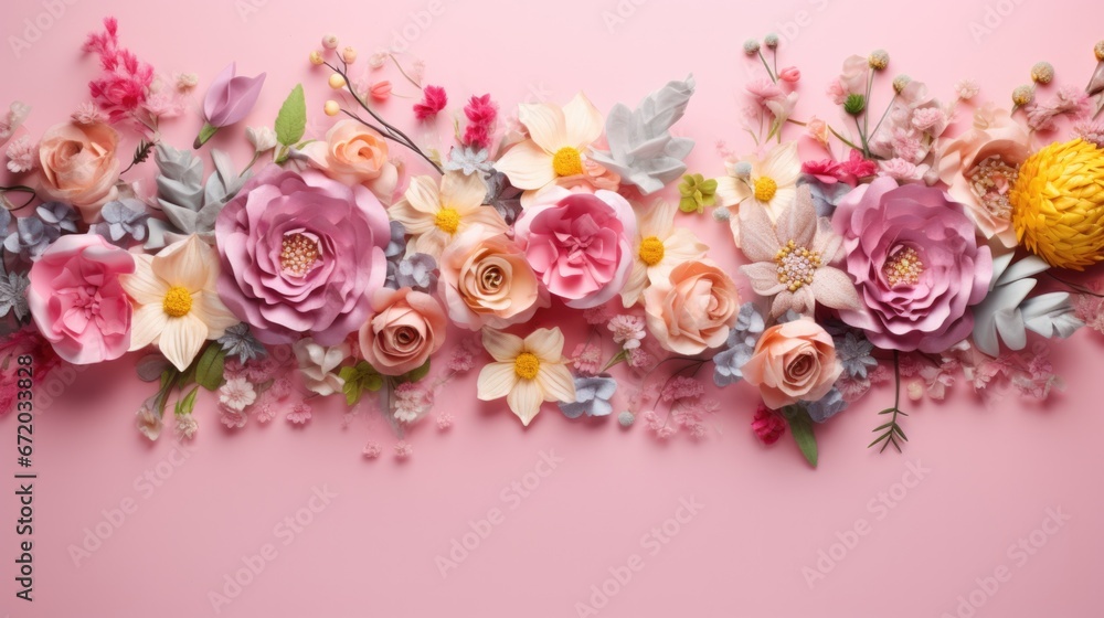 Array of colorful flowers spread on pink background with vibrant petals and leaves. Spring and nature. Array of colorful flowers spread on pink background with vibrant petals and leaves. Spring and nature.