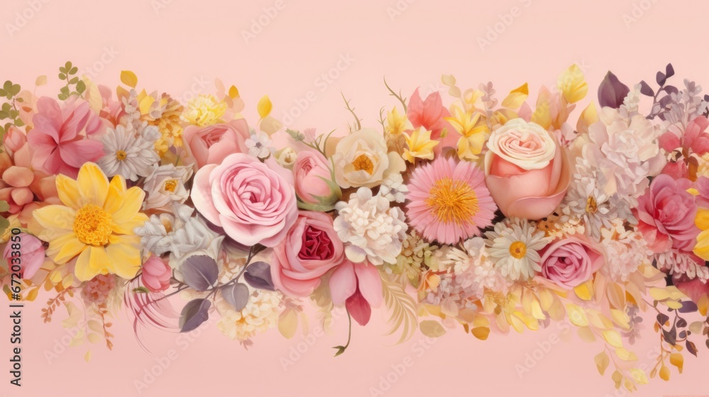 Horizontal floral panorama with vibrant flowers, petals, and foliage on pastel pink backdrop. Spring and blooming.