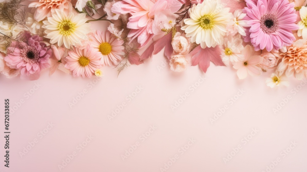 Multicolored flowers creating a semi-circle on pink background. Beauty and skincare product stage.