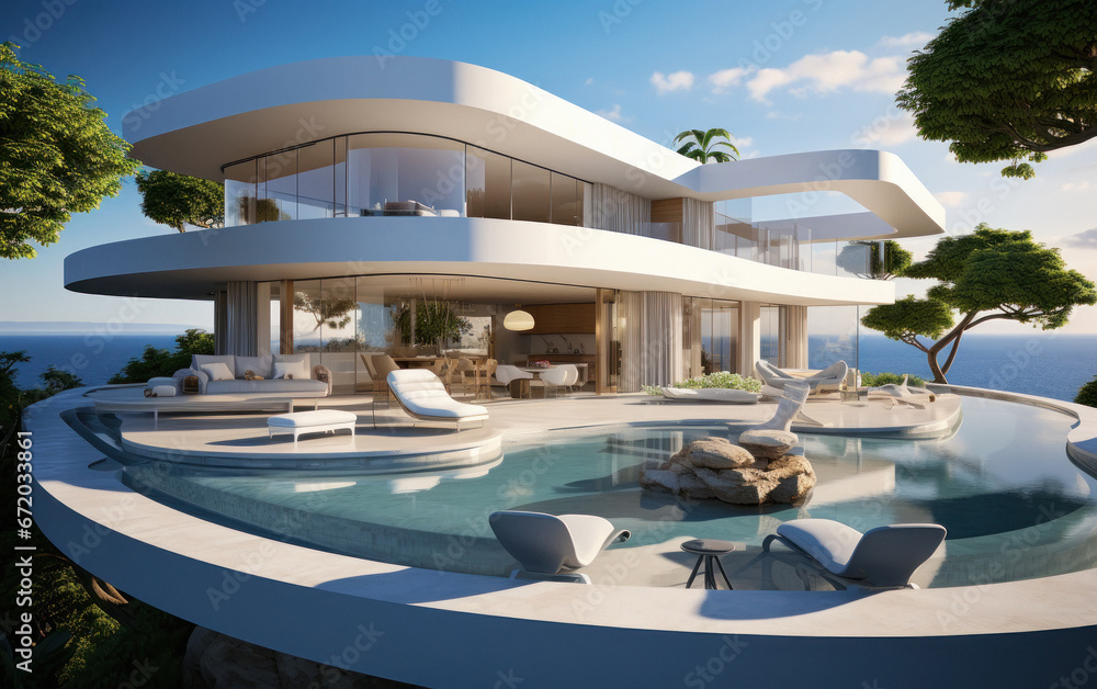 Fototapeta premium Super luxurious house with swimming pool and terrace in modern design.