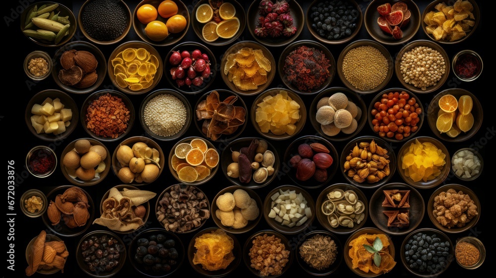 AI generated illustration of a top-down view of bowls filled with an assortment of dried fruits AI generated illustration of a top-down view of bowls filled with an assortment of dried fruits
