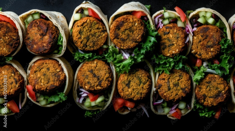 AI generated illustration of a vibrant a selection of falafel tacos with garnishes and condiments AI generated illustration of a vibrant a selection of falafel tacos with garnishes and condiments