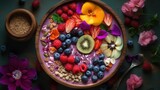 AI generated illustration of A vibrant, colorful still life of a bowl with a variety of fruits