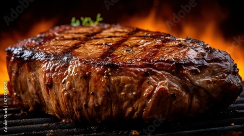 a large steak on a grill with flames in the background
