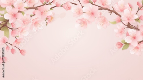 Cherry blossoms arrangement forming a semi-circle on pastel pink backdrop. Springtime floral display.