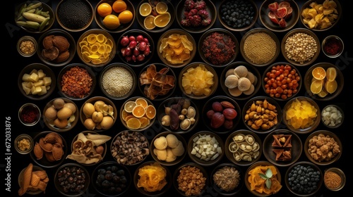 AI generated illustration of a top-down view of bowls filled with an assortment of dried fruits © Wirestock