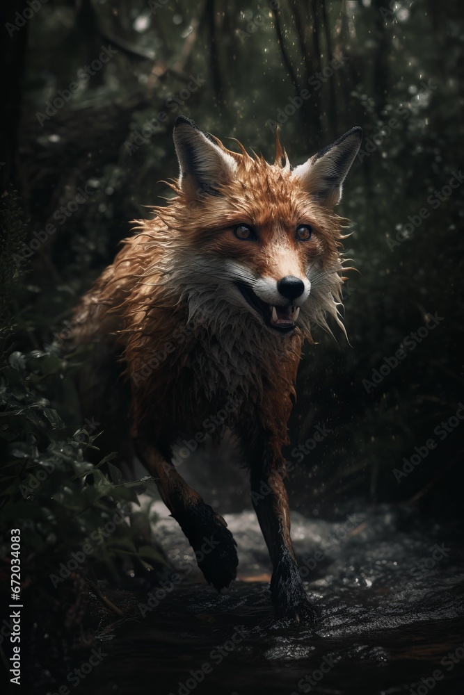 Fototapeta premium AI generated illustration of an orange fox walking down a stream in a lush forest