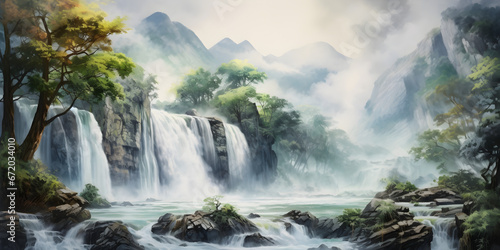 painting of the mountain waterfall landscape  a picturesque natural environment in harmonious colours