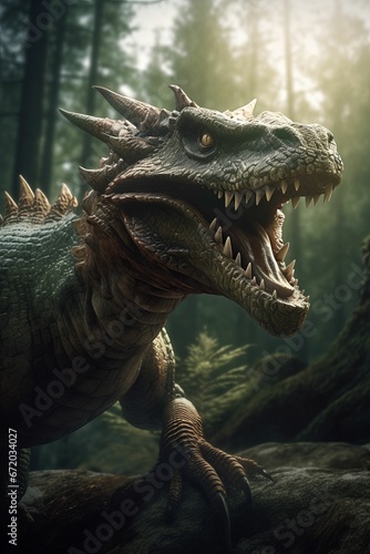 AI generated illustration of a Tyrannosaurus Rex roaring in a forest © Wirestock