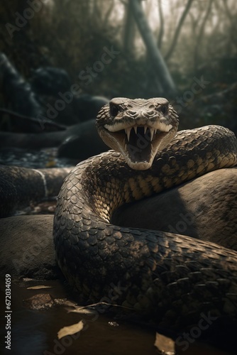 AI generated illustration of a snake on a rocky surface with its mouth open, revealing sharp fangs
