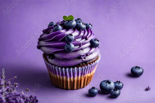 A blueberry cupcake with blueberry compote and purple frosting on a lavender background photo