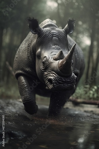 AI generated illustration of a rhinoceros stands in a lush green forest, in a river