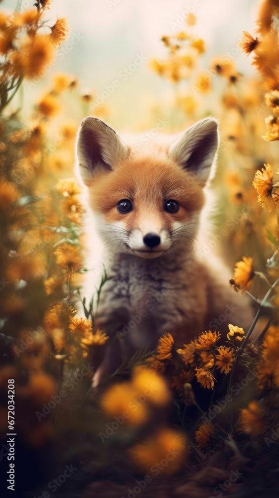 AI generated illustration of A red fox standing in a meadow of yellow wildflowers