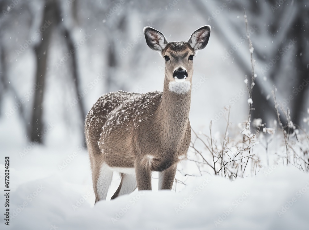 AI generated illustration of A white-tailed deer standing in the snow-covered forest AI generated illustration of A white-tailed deer standing in the snow-covered forest